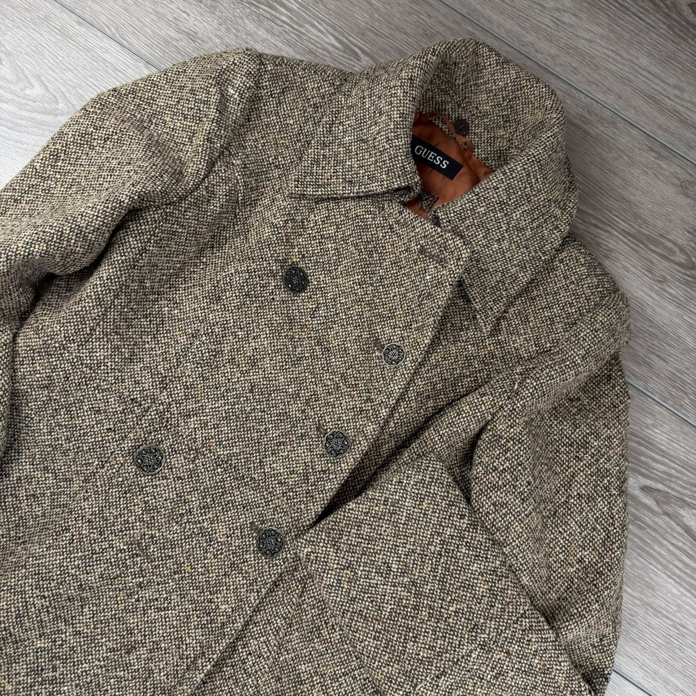 Guess Womens Double Breasted Tweed Wool Blend Pea Coat Beige Large